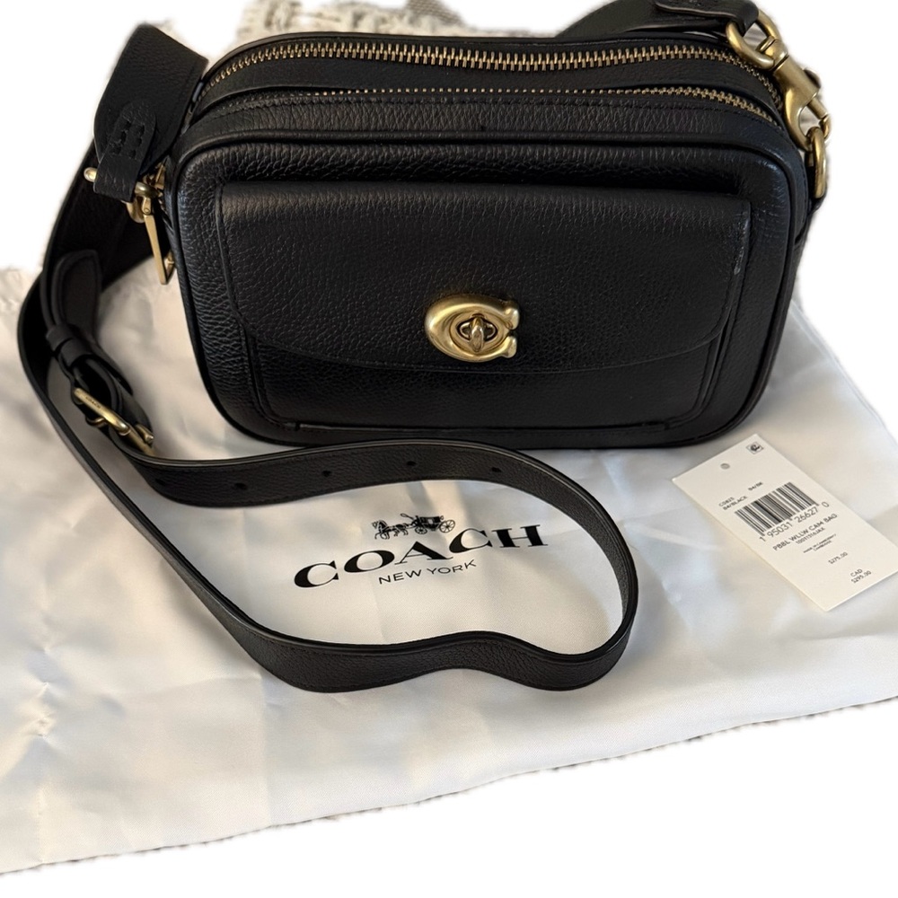 Coach Black Leather Crossbody Bag with Brass Hardware